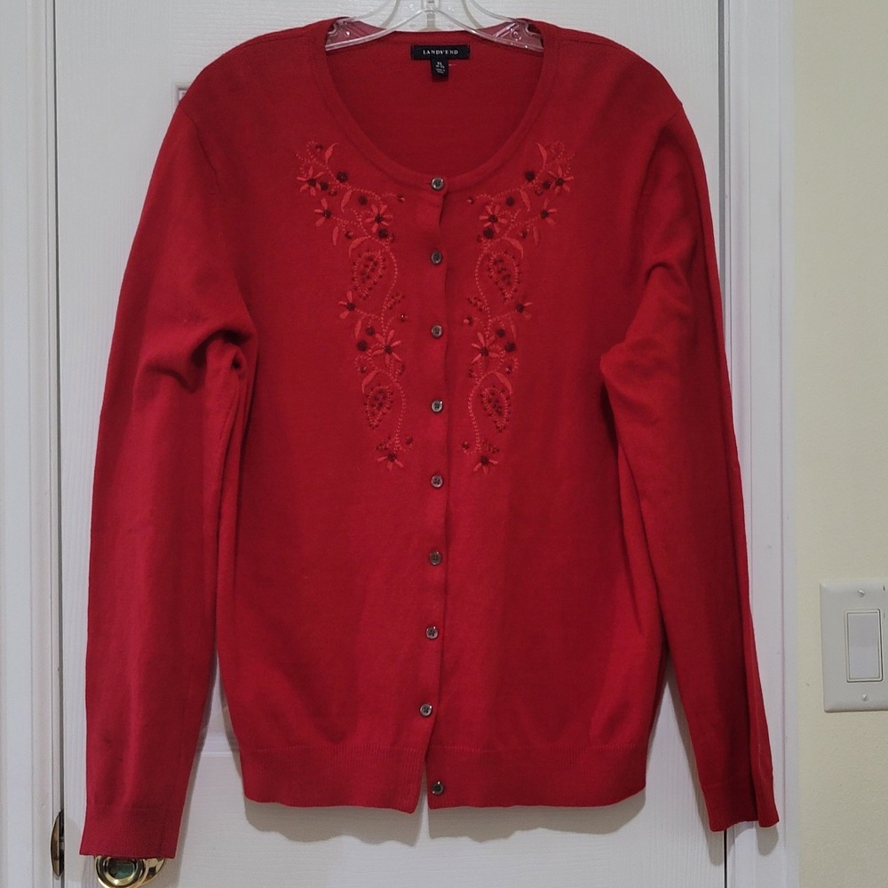Lands End Red Cotton Cashmere Floral Embroidered Beaded Cardigan Sweater XL 18